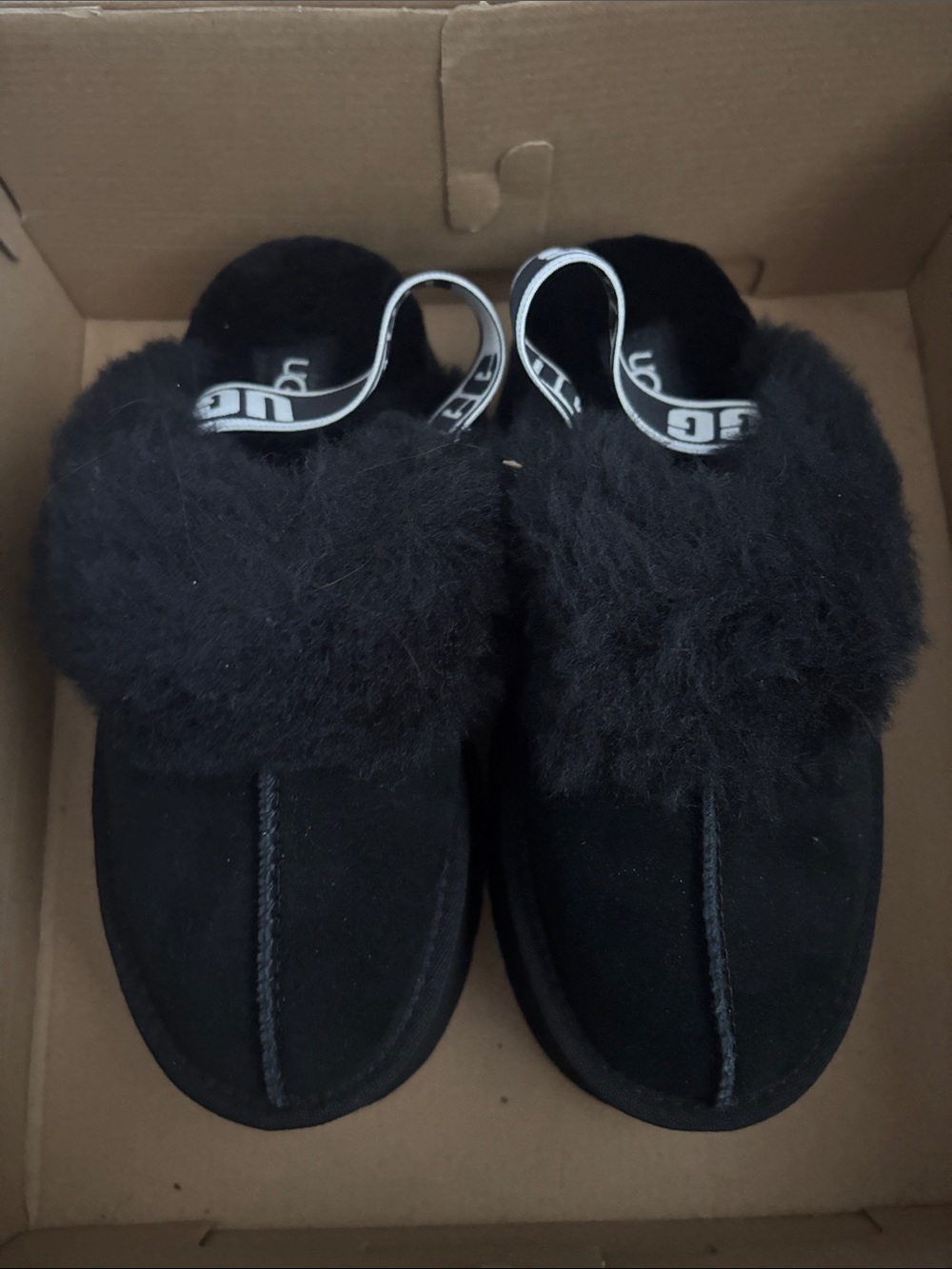Ugg black platform fur slippers